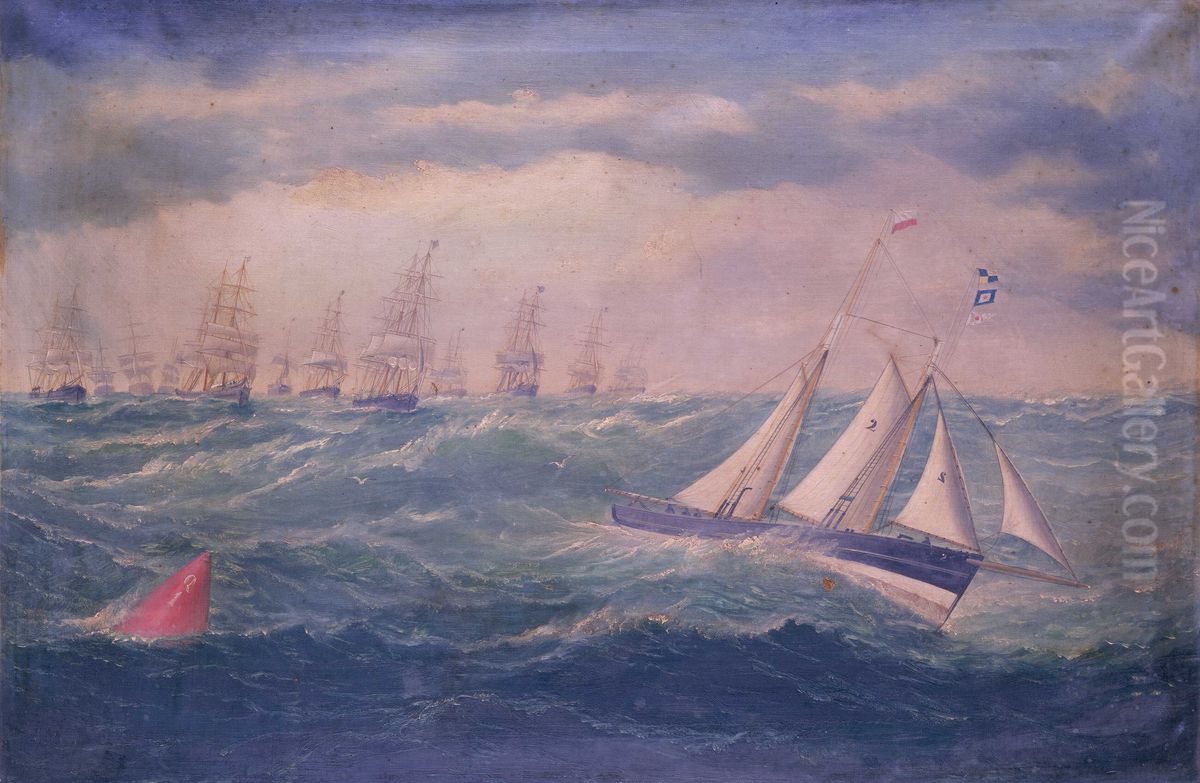 Liverpool pilot schooner No 2, the 'Leader', leading a fleet of vessels over the Mersey bar during a gale, 8 February 1881 Oil Painting by William Howard Yorke