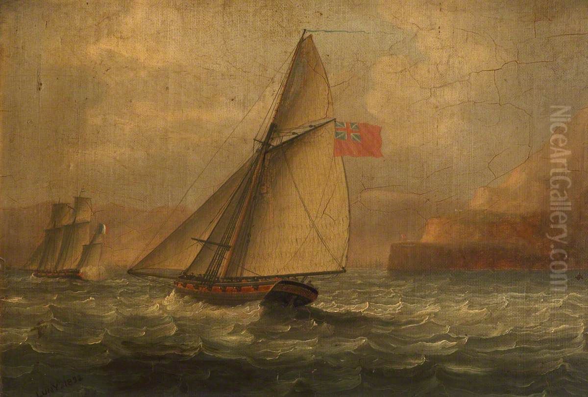 A Cutter Chasing a French Lugger Oil Painting by Thomas Luny
