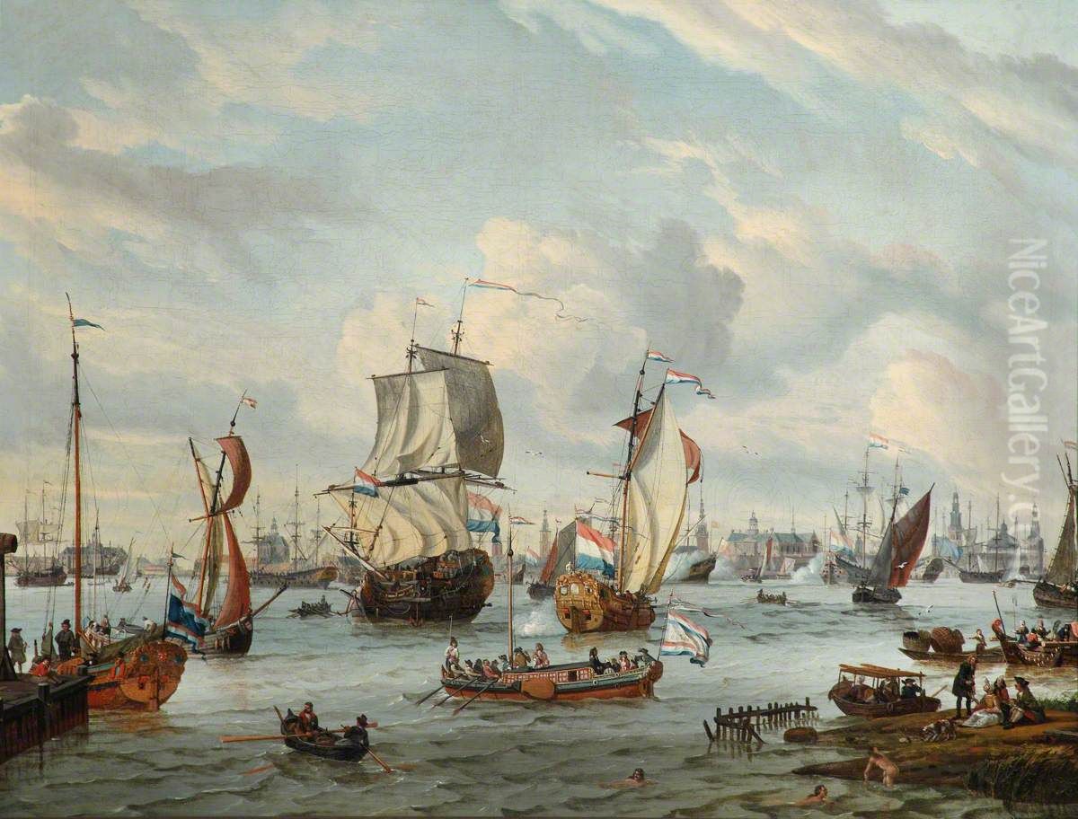 State barges and other vessels off Amsterdam Oil Painting by Abraham Storck