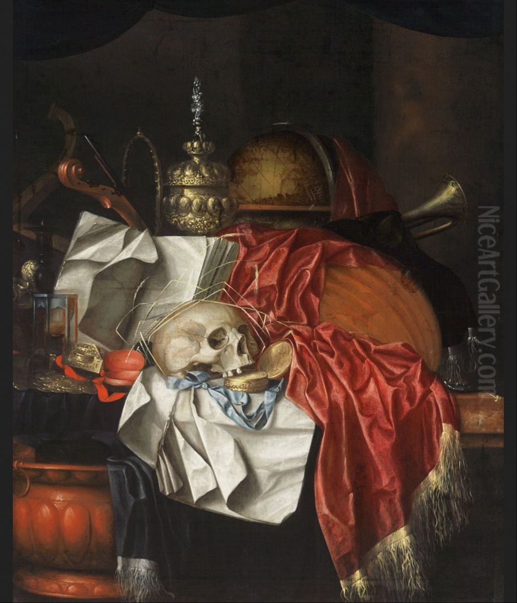 Vanitas still life with a skull, a gold pocket watch, an hour glass, a globe, musical instruments, candlestick, a gold tazza and an open book on a partially draped table Oil Painting by Franciscus Gijsbrechts