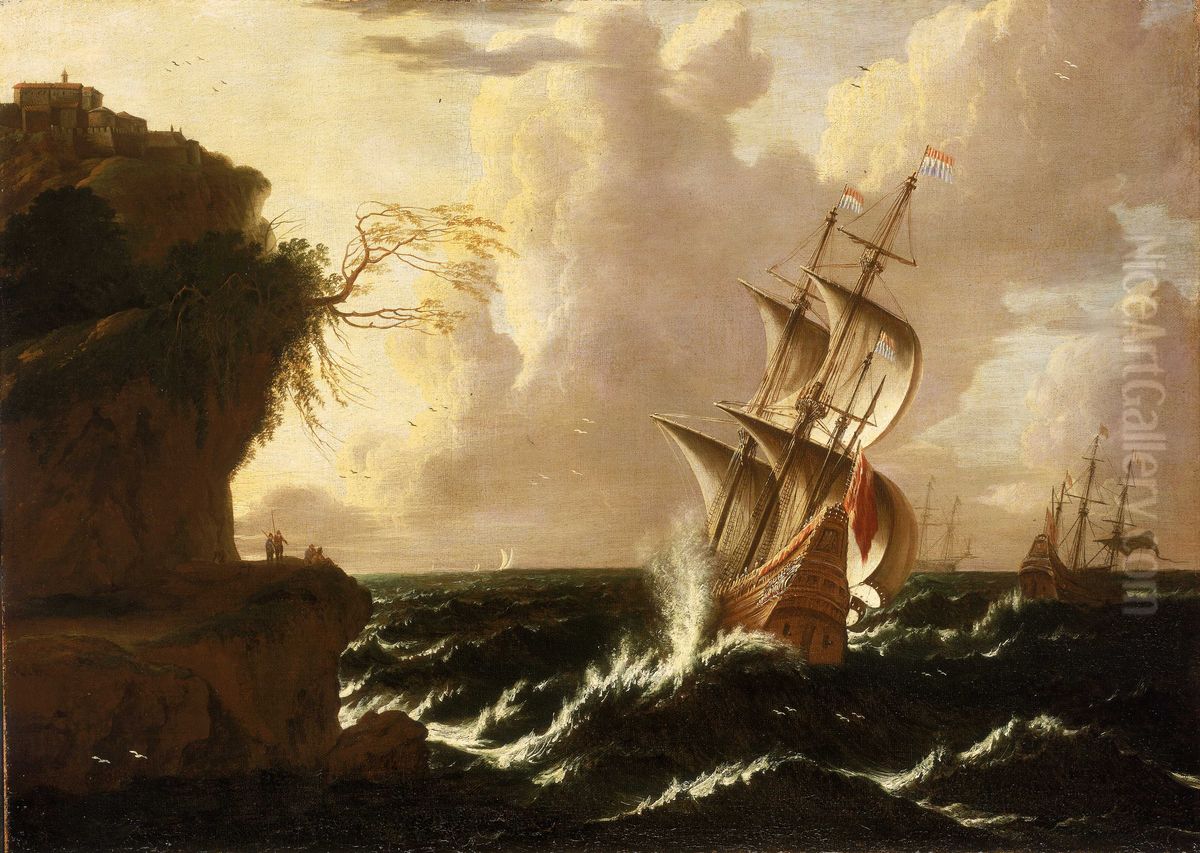 A Dutch Ship in a Storm Oil Painting by Matthieu Van Plattenberg