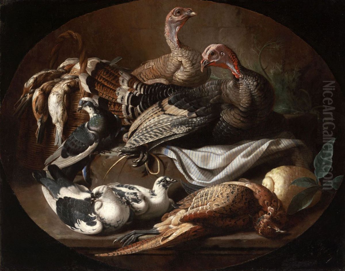 Still Life with Dead and Living Fowl Oil Painting by Jacob van der (Giacomo da Castello) Kerckhoven