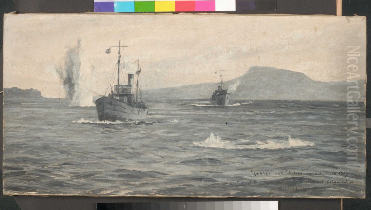 HMS 'Lanner' and 'Salvia' under bomb attack in Suda Bay, 1941 Oil Painting by Rowland Langmaid