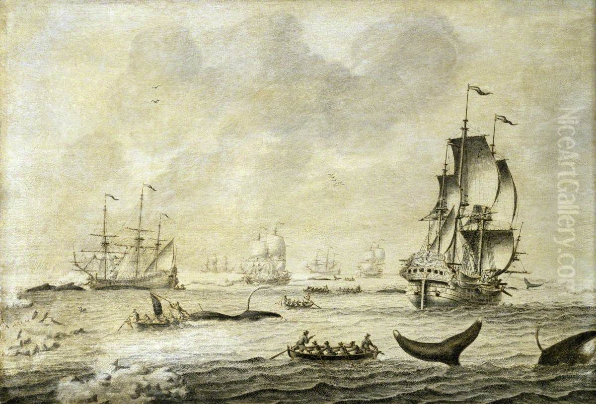 A Fleet of Whalers Oil Painting by Adriaen Van Salm