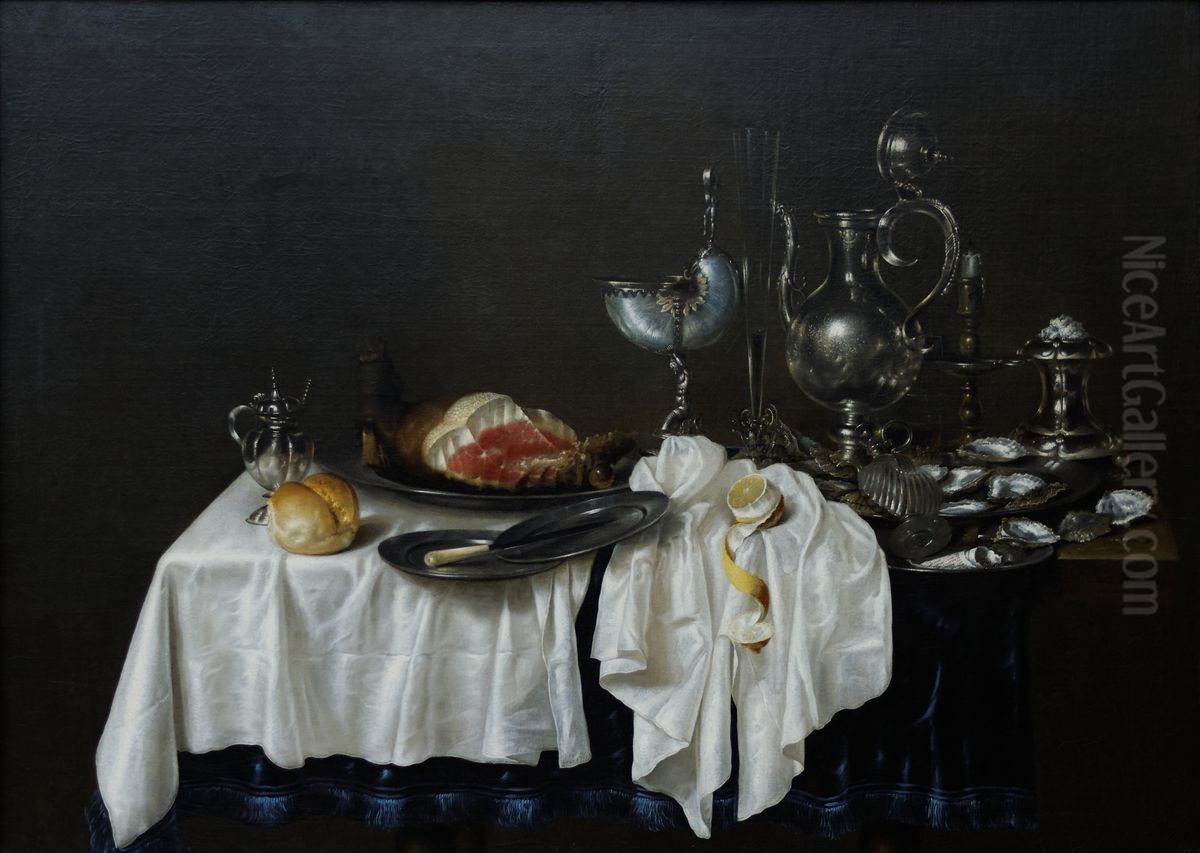 Still Life with Ham, Nautilus-cup and Silver Decanter Oil Painting by Willem Claesz. Heda