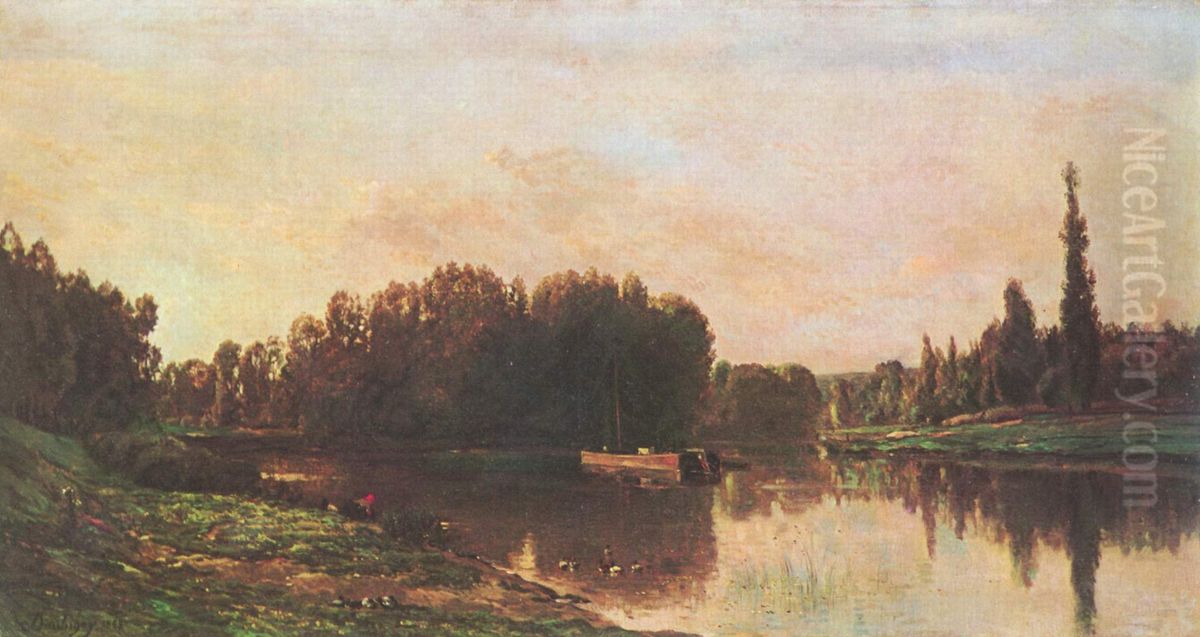 The Confluence of the Rivers Seine and Oise Oil Painting by Charles-Francois Daubigny