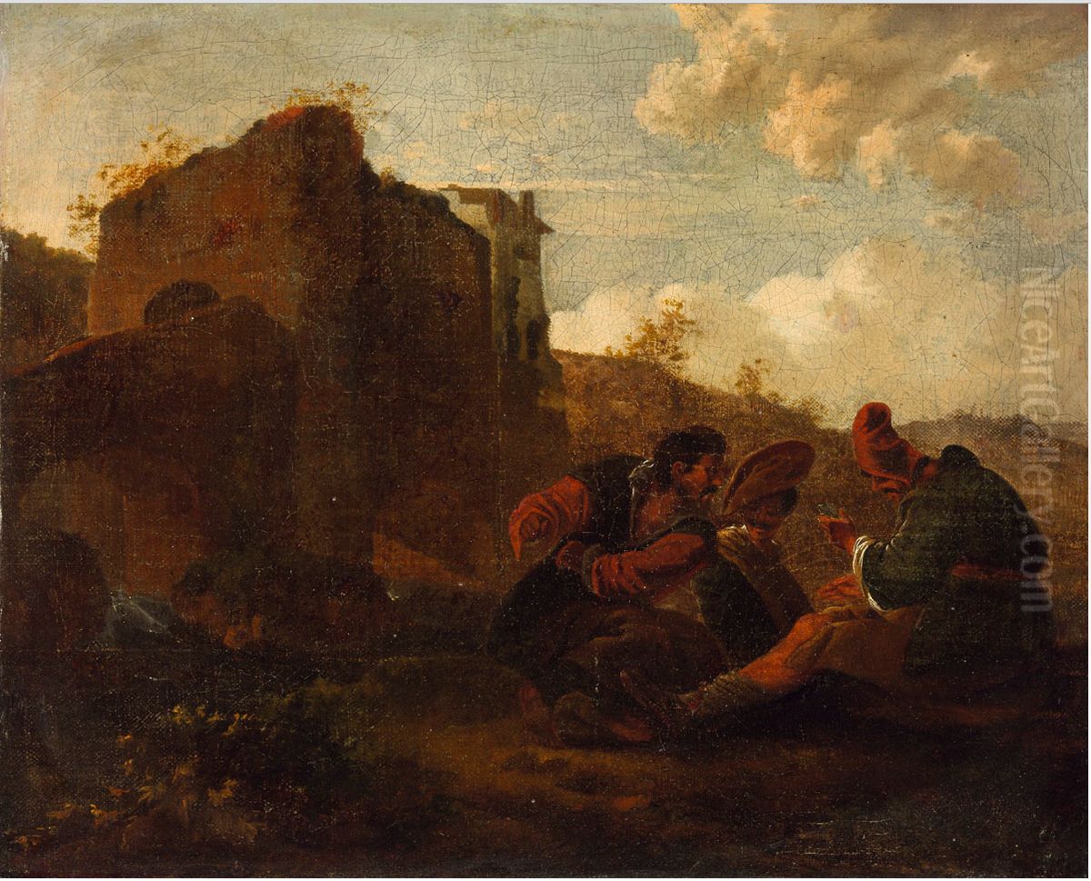 Vagabonds Playing Card in a Landscape Oil Painting by Pieter van Laer
