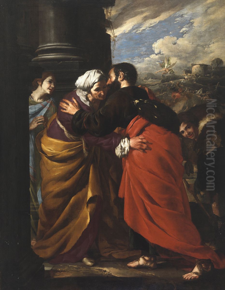 The Meeting of Saints Joachim and Anne at the Golden Gate in Jerusalem Oil Painting by Bernardo Cavallino