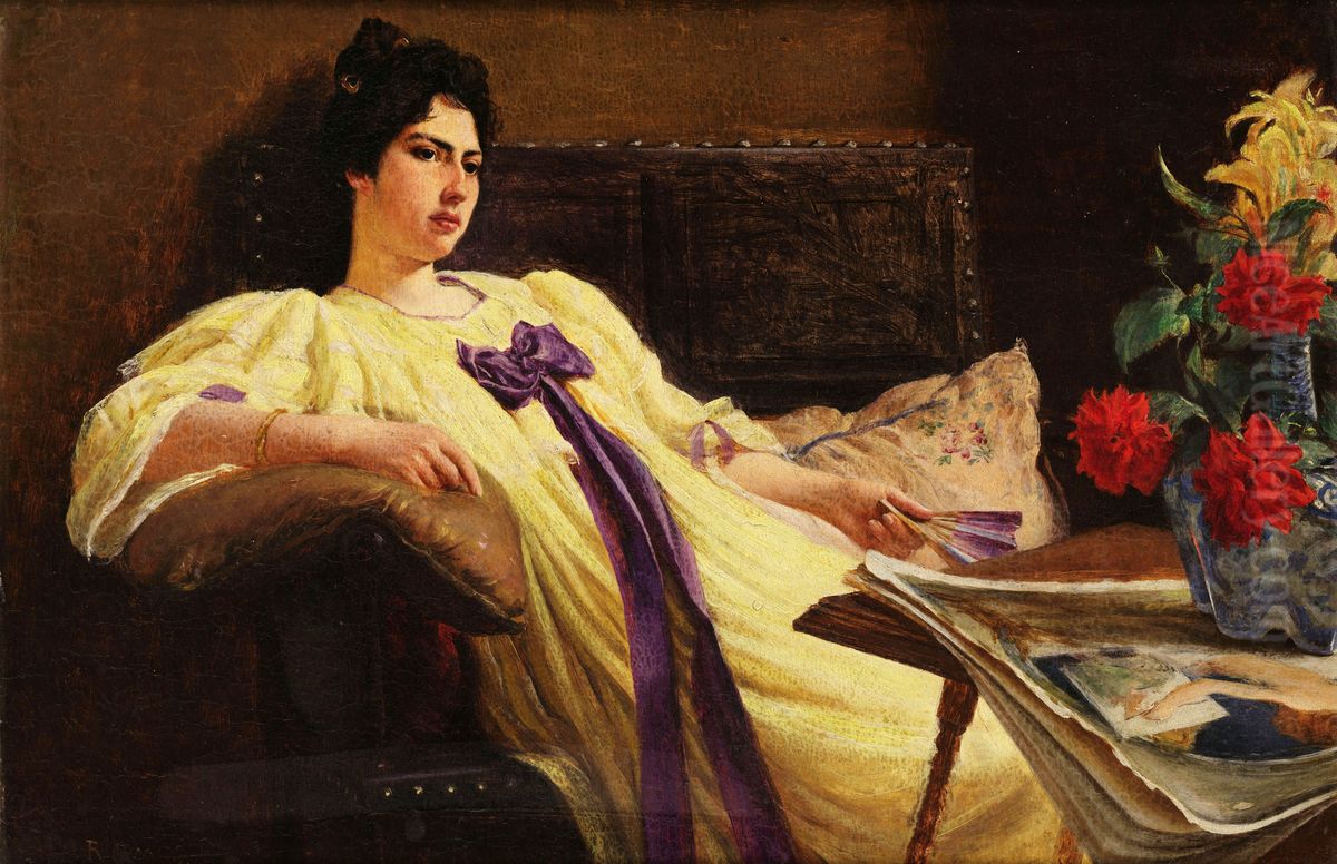 Portrait of a lady, yellow gown, purple scarf Oil Painting by Rodolfo Amoedo