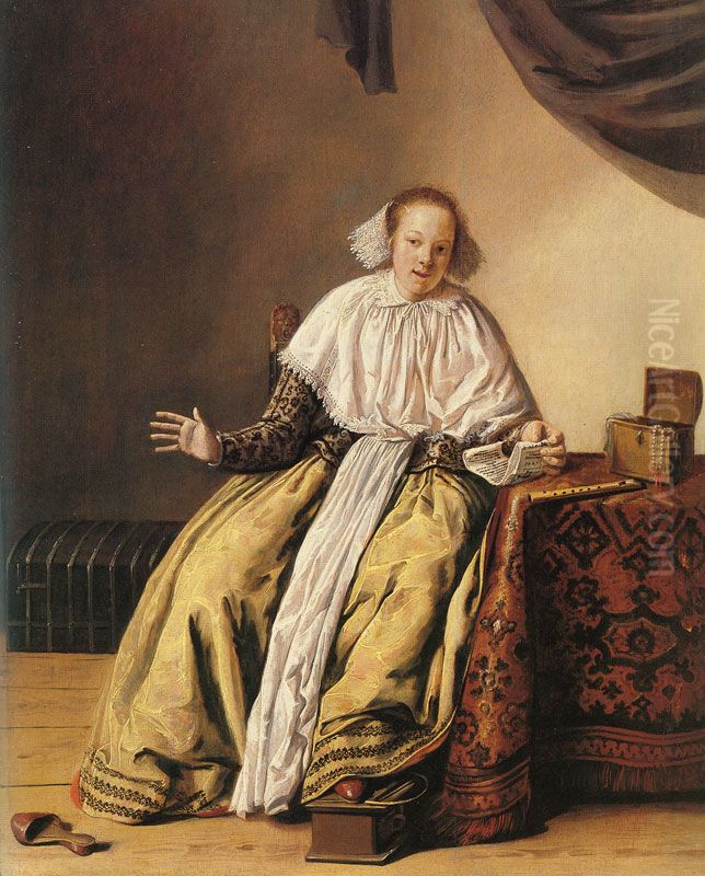 A young woman seated by a table Oil Painting by Jan Miense Molenaer