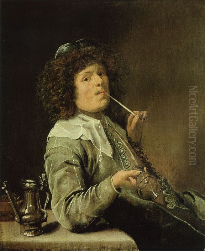 A smoking man with an empty wine glass Oil Painting by Jan Miense Molenaer