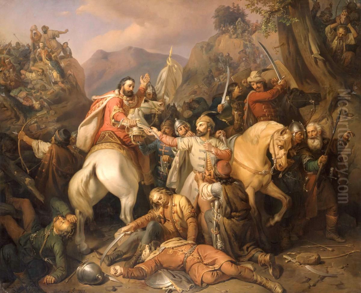 Dezso vitez onfelaldozasa Karoly Robertert Oil Painting by Jozsef Molnar