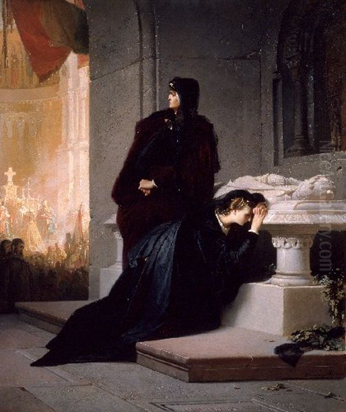Maria und Elisabeth am Grab Konig Ludwigs des Grossen von Ungarn Oil Painting by Sandor Liezen-Mayer