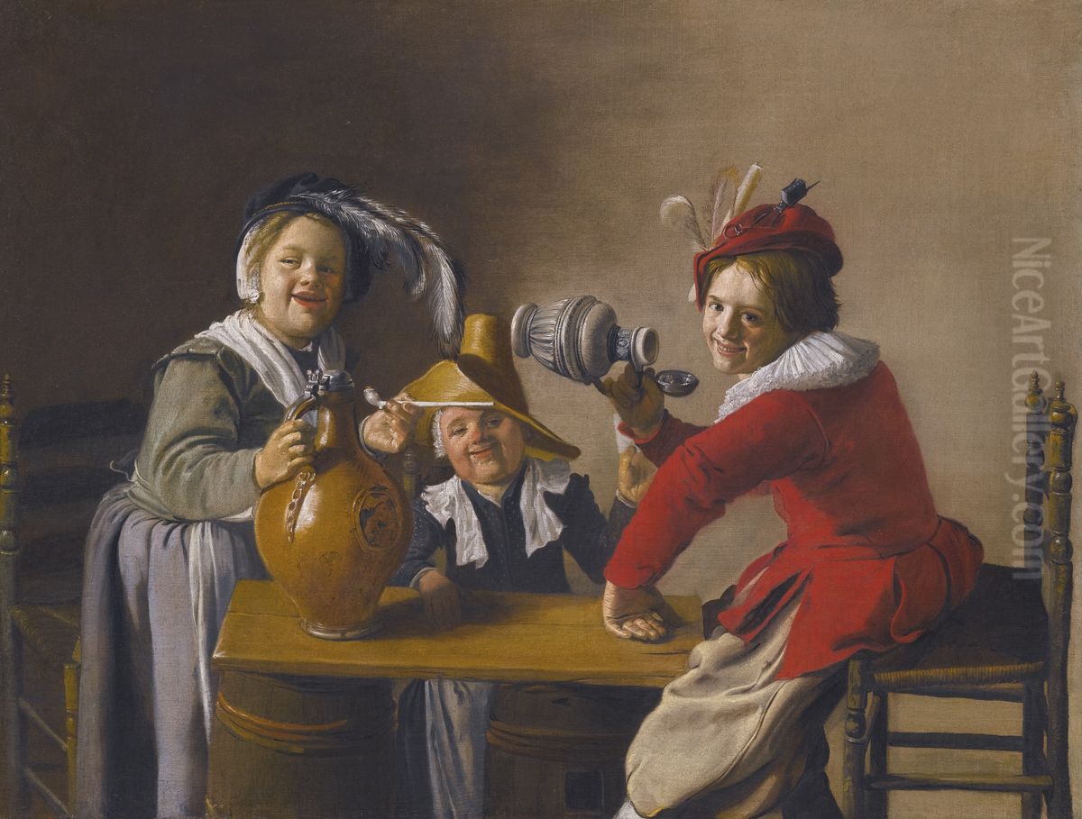 Three Children drinking and Making Mischief Oil Painting by Jan Miense Molenaer
