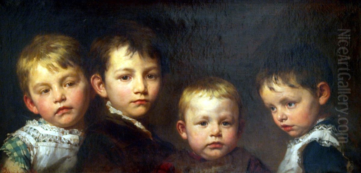My Children Oil Painting by Gyula Benczur