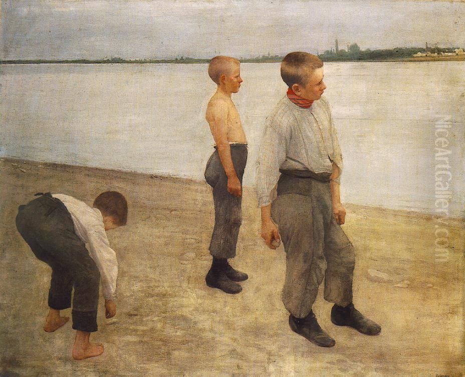 Kodobalok / Fiuk dobta Kavics folyoba Oil Painting by Karoly Ferenczy