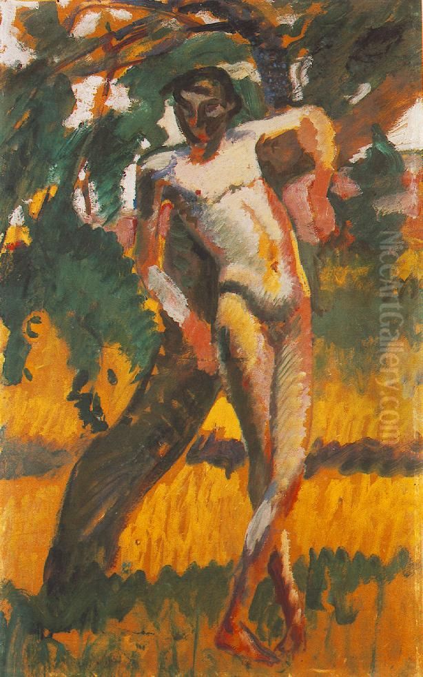 Nude Boy Leaning against a Tree Oil Painting by Karoly Kernstok