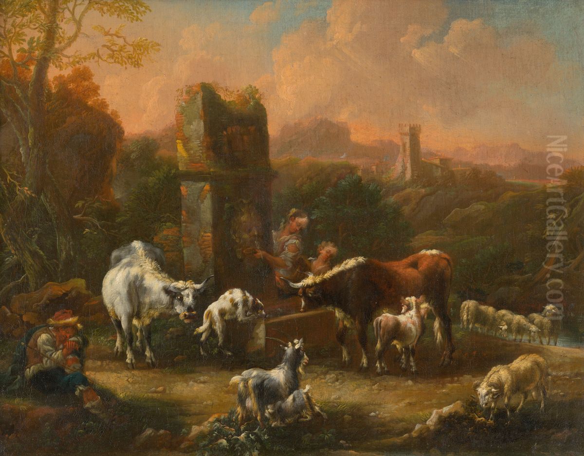 Pastierska idyla v romantickej krajine so zrucaninami Oil Painting by Philipp Peter Roos