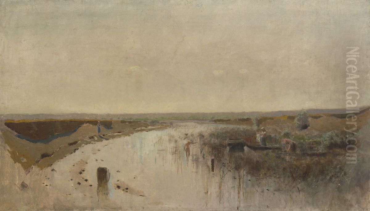 Velka letna krajina s riekou. Kupanie Oil Painting by Laszlo Mednyanszky