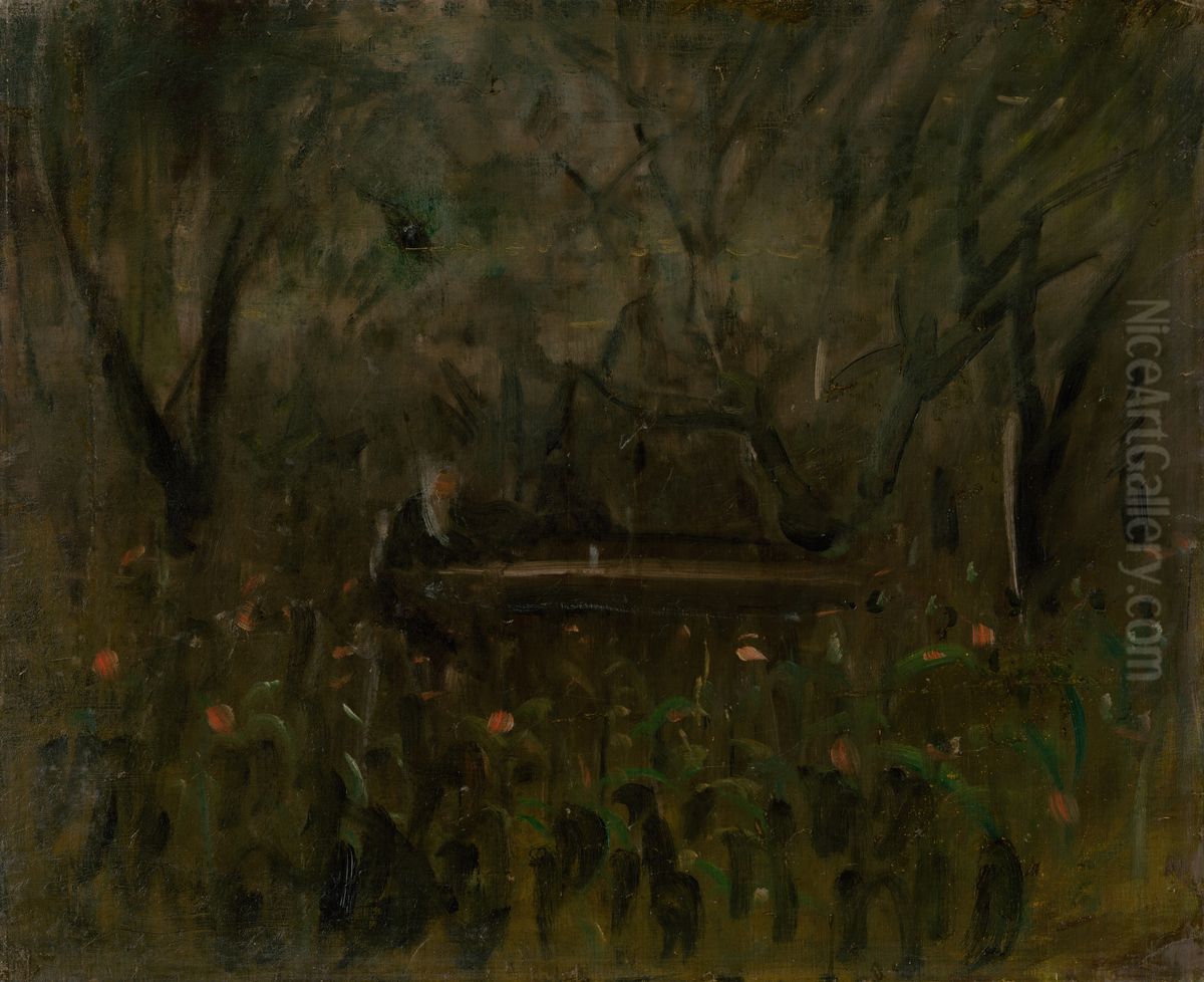 V zahrade za stolom. Oil Painting by Laszlo Mednyanszky