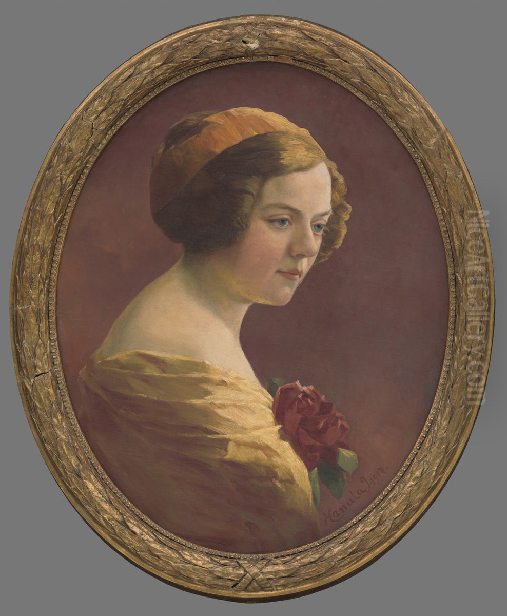 Dama s ruzou Oil Painting by Jozef Hanula