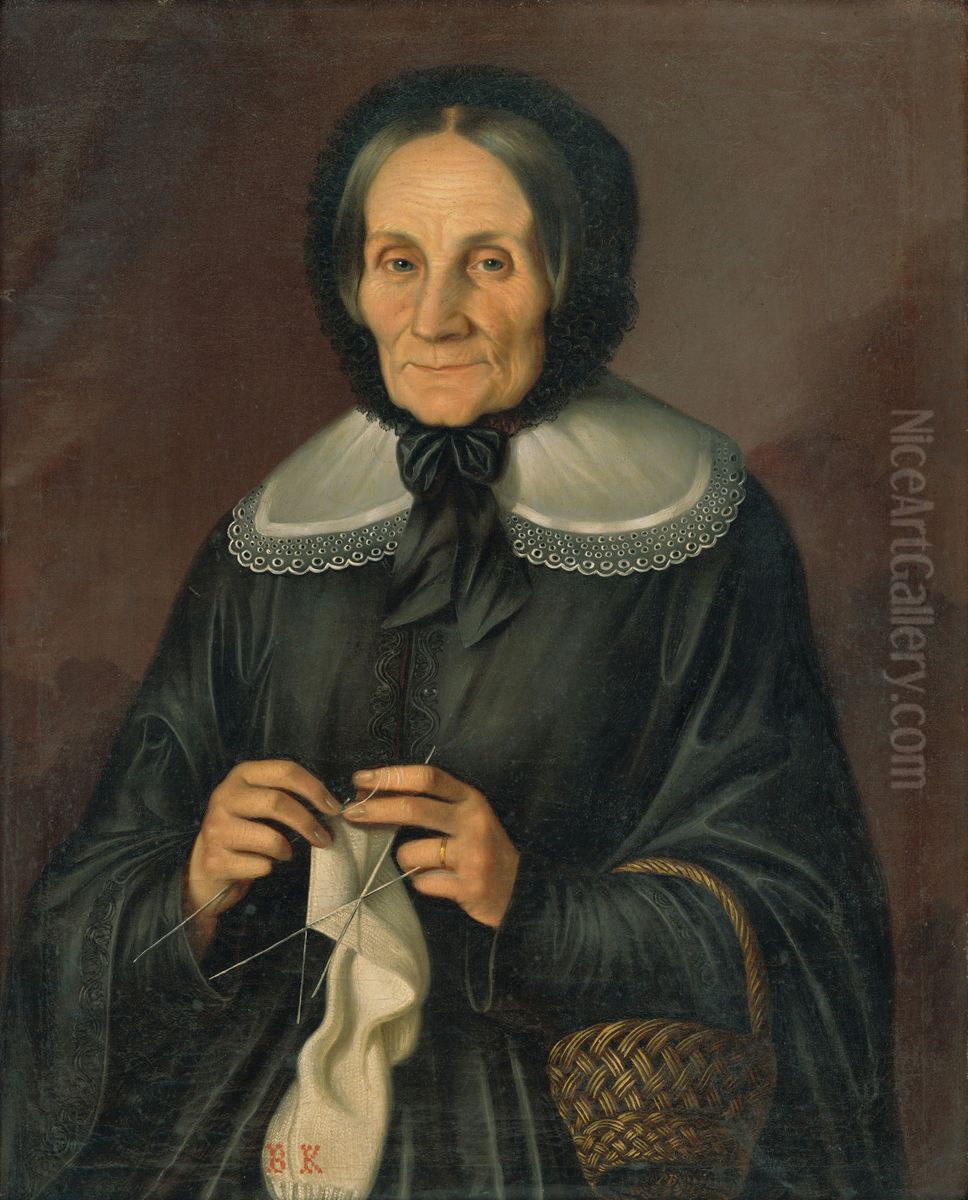 Podobizen pani Kubiniovej pri pleteni Oil Painting by Peter Michal Bohun