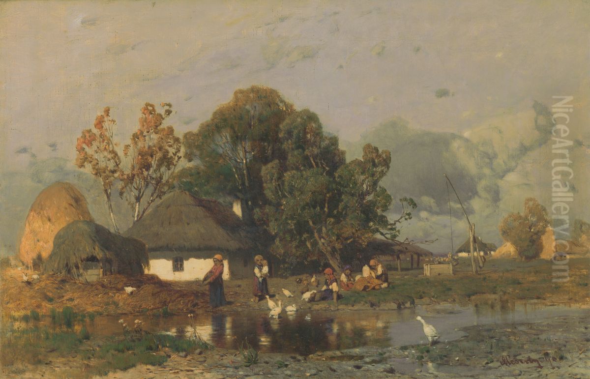 Na konci dediny Oil Painting by Geza Meszoly