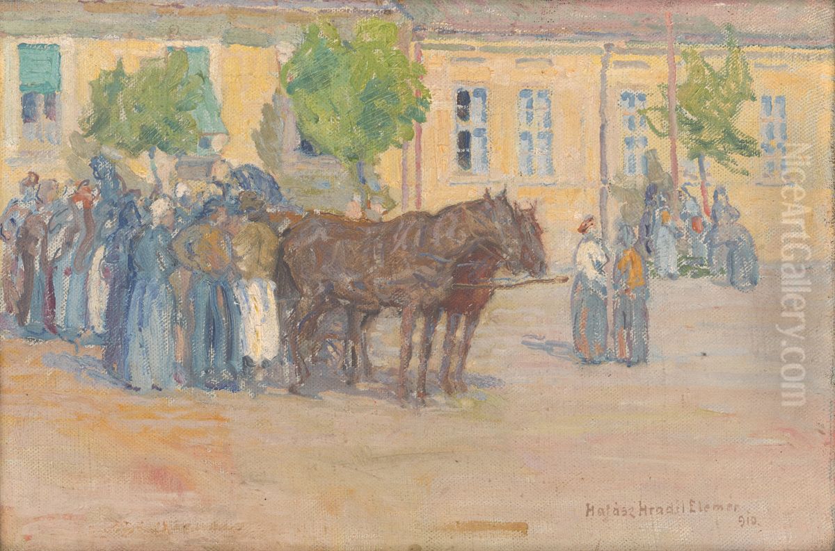 Na trhu Oil Painting by Elemir Halasz-Hradil