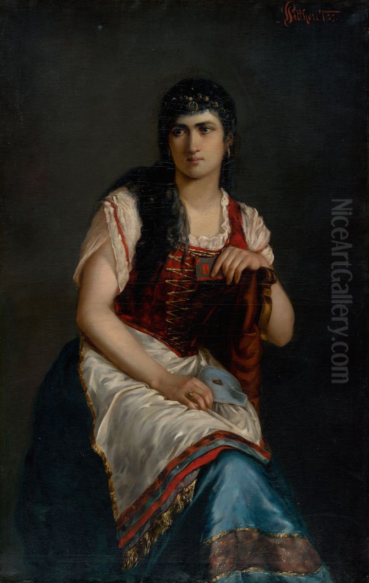 Podobizen sediacej zeny so skraboskou Oil Painting by Ludovit Pitthordt
