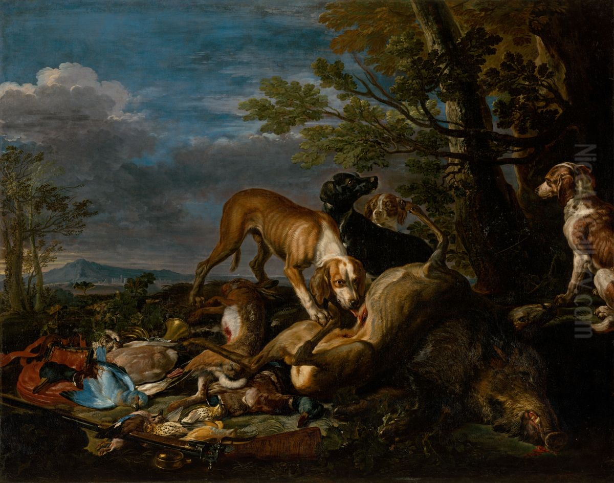 Polovnicke zatisie so psami Oil Painting by David de Coninck