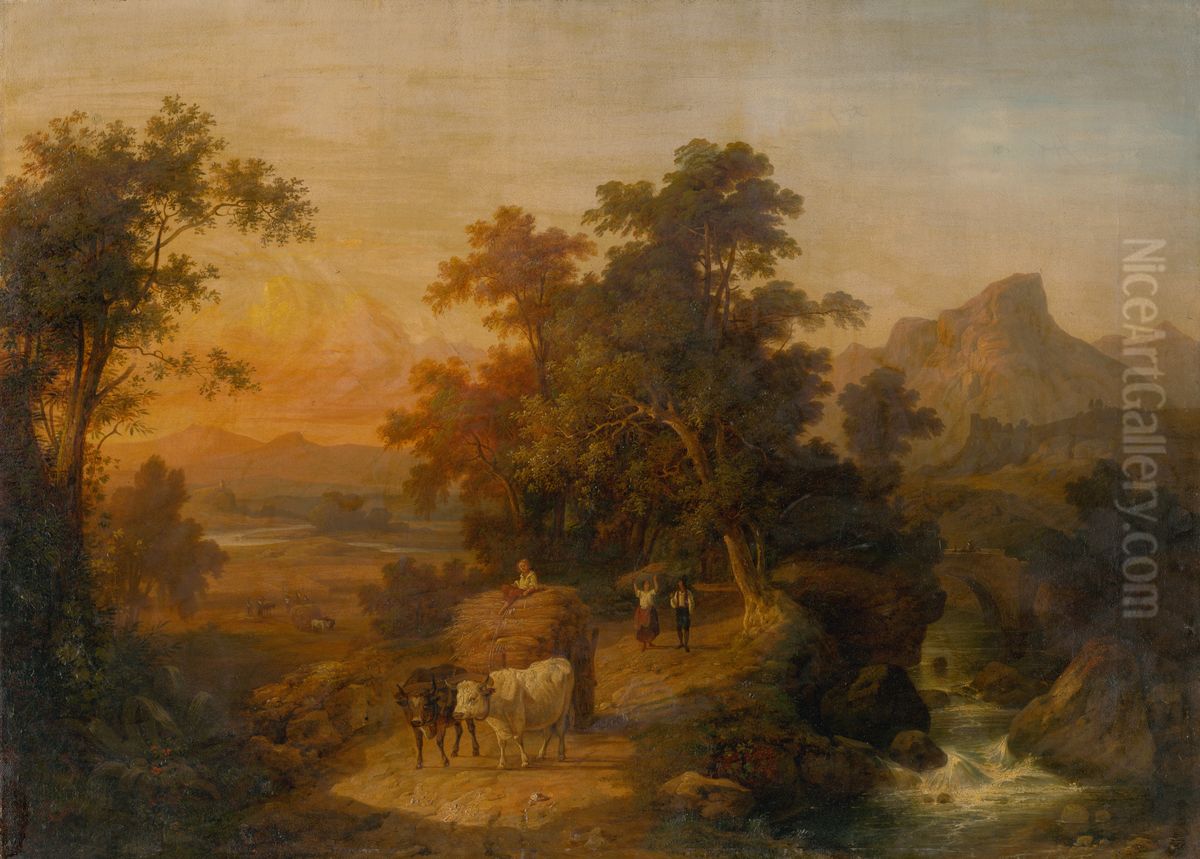 Krajina pri zapade slnka Oil Painting by Domenico Bresolin
