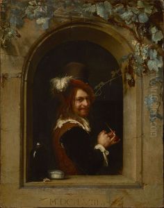 Man filling his pipe in a window