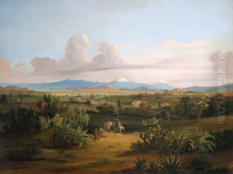 View of the Valley of Mexico with Volcanoes and the Texcoco Lake Oil Painting by Johann Moritz Rugendas