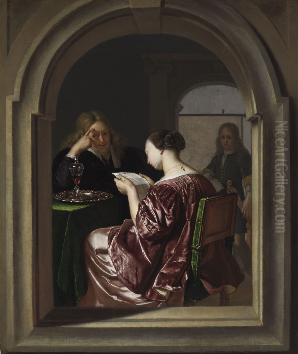 A Woman Reading and a Man Seated at a Table Oil Painting by Frans van Mieris