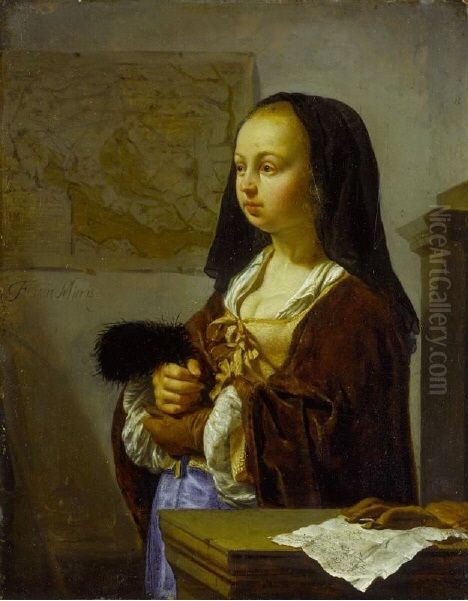 Zum Ausgehen bereite junge Dame mit Federfacher, um 1657/59 Oil Painting by Frans van Mieris
