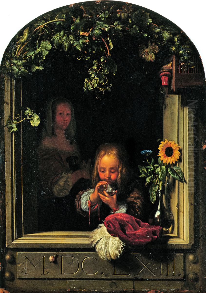 Boy Blowing Bubbles Oil Painting by Frans van Mieris
