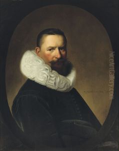 Portrait of Josias van Herrewijn (1584-1652), half-length, in a black costume with a 'molensteenkraag', in a feigned oval stone window