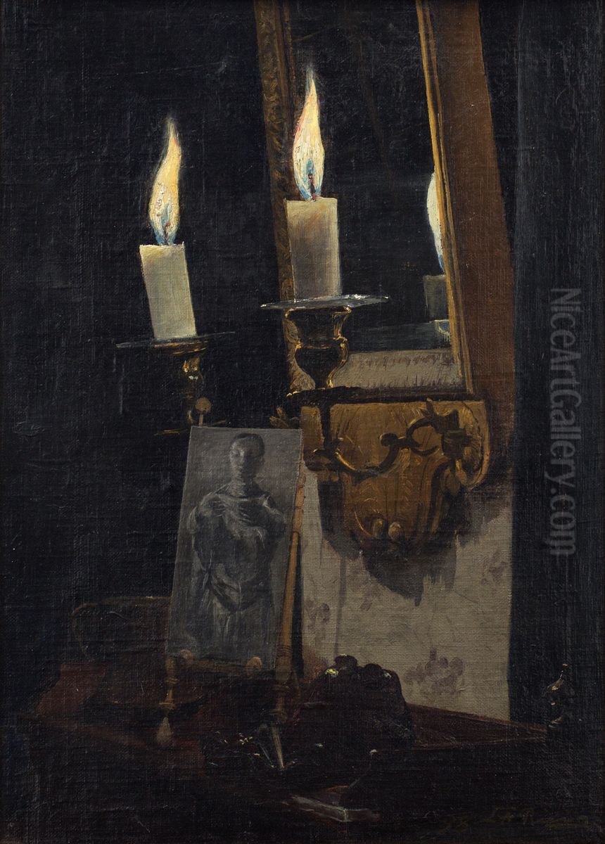Lille interior med braendende lys Oil Painting by Laurits Andersen Ring