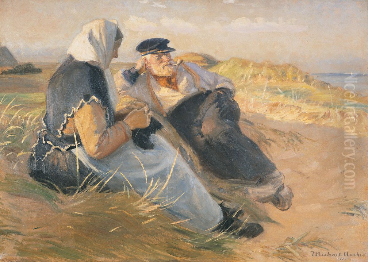 Fisherman Anders Velle and His Wife, Ane, on Skagen Beach Oil Painting by Michael Peter Ancher