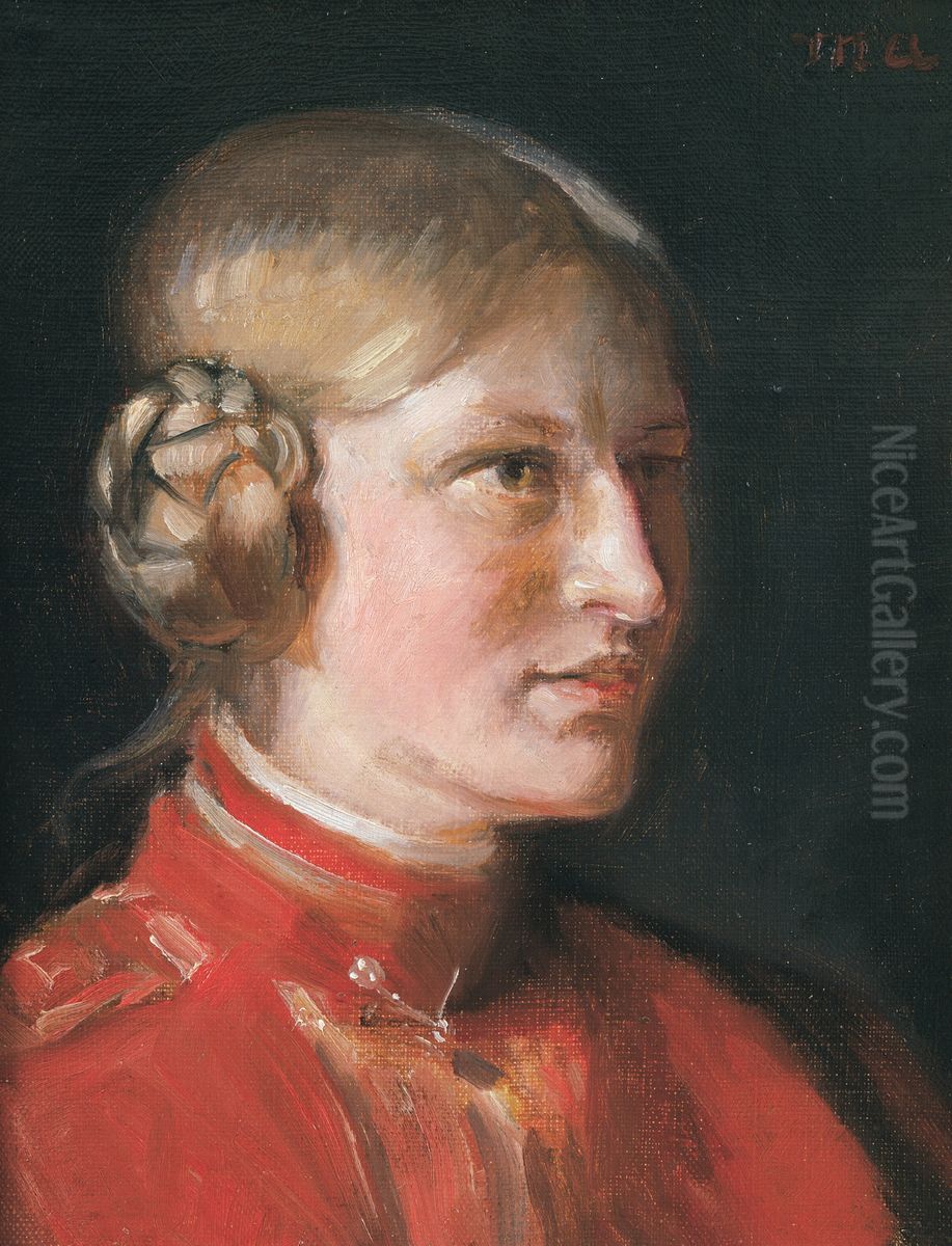 Portrait of a Young Girl in Red Dress Oil Painting by Michael Peter Ancher
