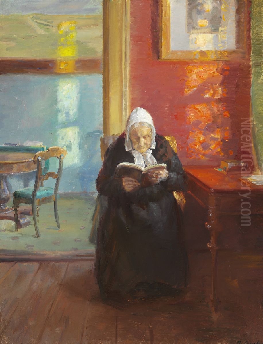 Interior from the red room with the artist's mother Ane Brondum reading Oil Painting by Anna Ancher