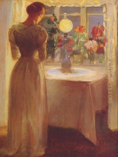 Ung pige foran en taendt lampe Oil Painting by Anna Ancher