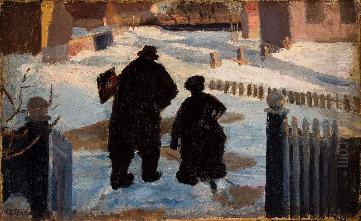 Michael Ancher on his way to his studio accompanied by the organist Helene Christensen Oil Painting by Anna Ancher