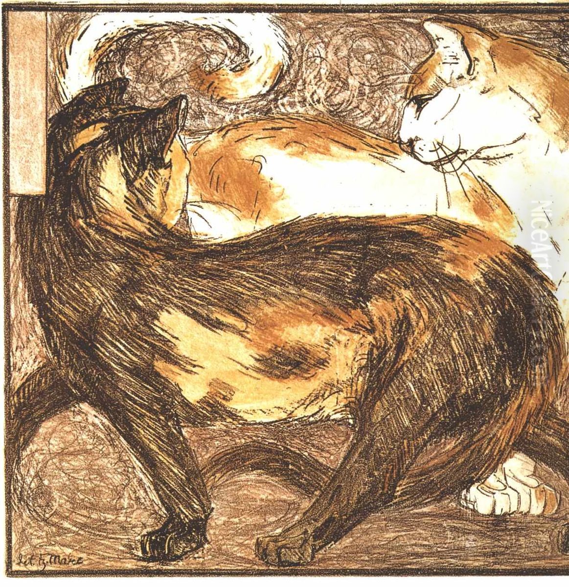 Two Cats Oil Painting by Franz Marc