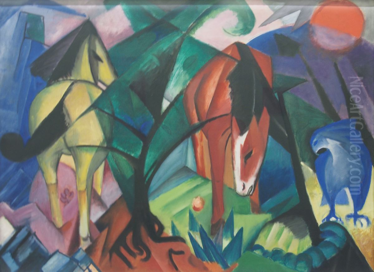 Horses and Eagle Oil Painting by Franz Marc