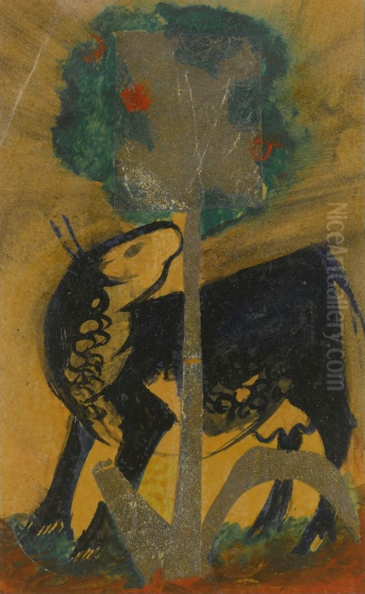 Black Cow behind Tree Oil Painting by Franz Marc