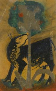 Black Cow behind Tree