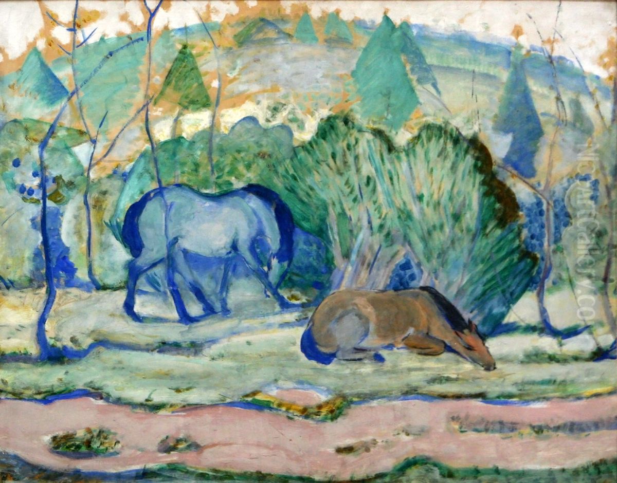Horses Grazing Oil Painting by Franz Marc