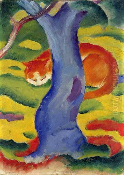 Cat behind a tree Oil Painting by Franz Marc