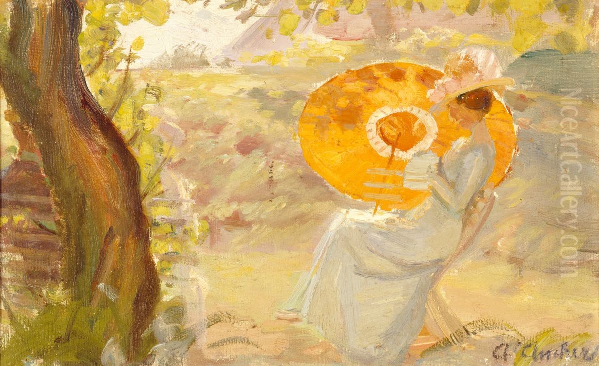 Young Girl in a Garden with Orange Umbrella Oil Painting by Anna Ancher